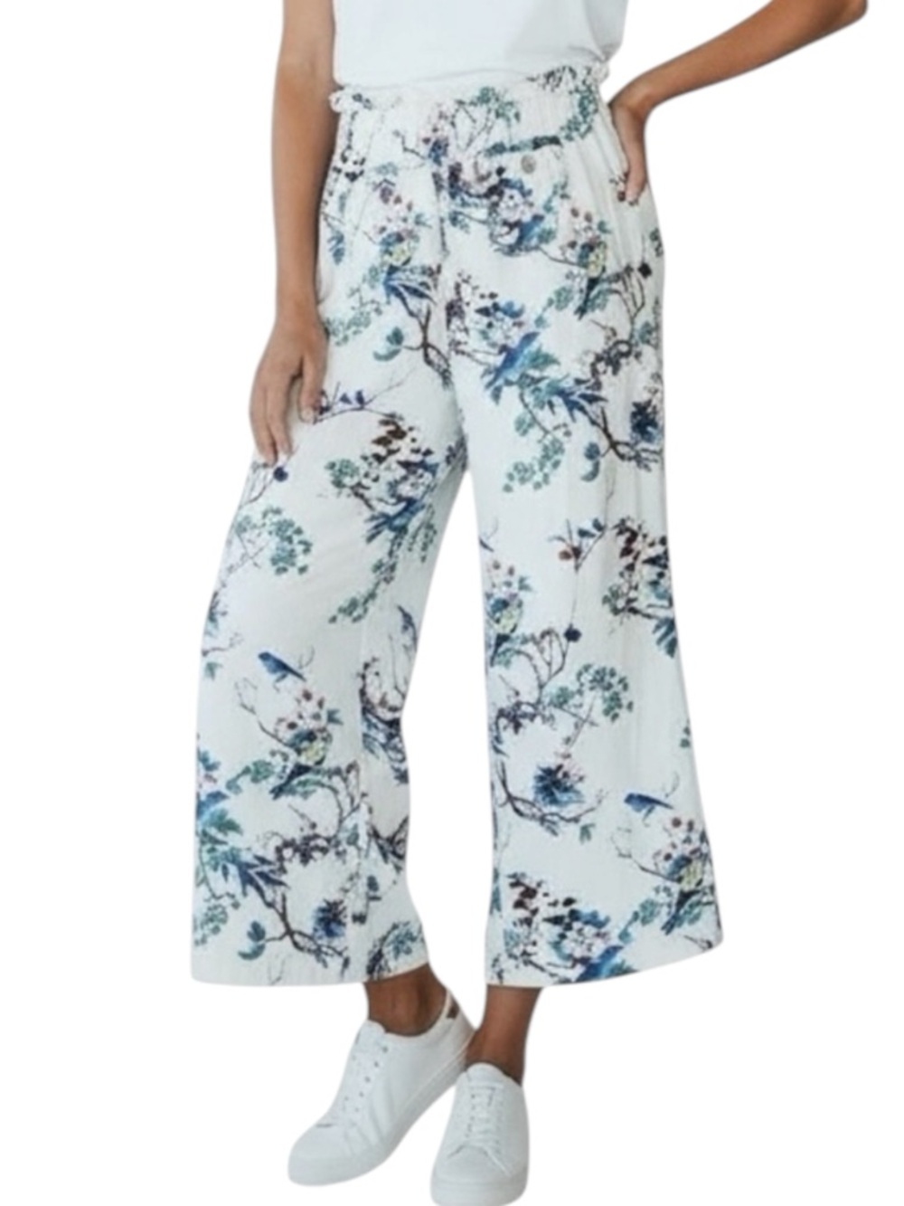 WESTBOUND Floral Bird Print Linen Blend Wide Leg / Drawstring Pants Size Small - Picture 1 of 11